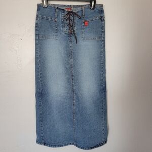 Bongo Juniors 5 Denim Maxi Skirt Brown Leather Lace Up Back Slit 90s Y2K Jean